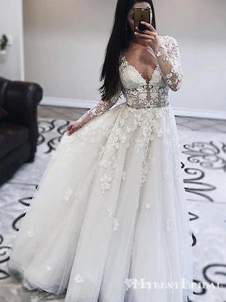 Long Sleeves V-necl Lace A-line Long Cheap Wedding Dresses, WDS0032
