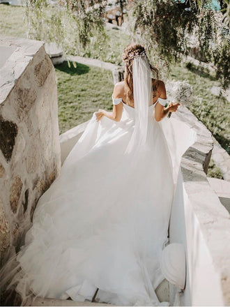 Simple Off-The-Shoulder White A-line Long Cheap Wedding Dresses, WDS0050