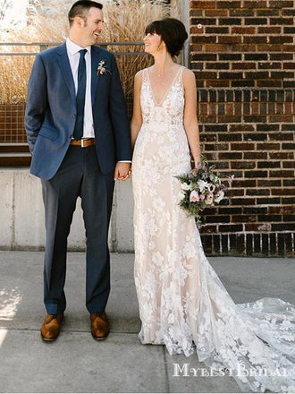 V-neck Elegant Lace Mermaid Long Cheap Wedding Dresses, WDS0030