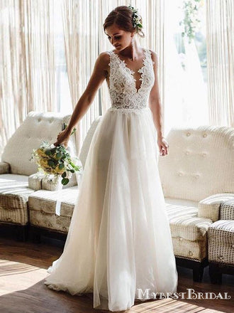 V-neck Ivory Tulle A-line Long Cheap Beach Wedding Dresses, WDS0036