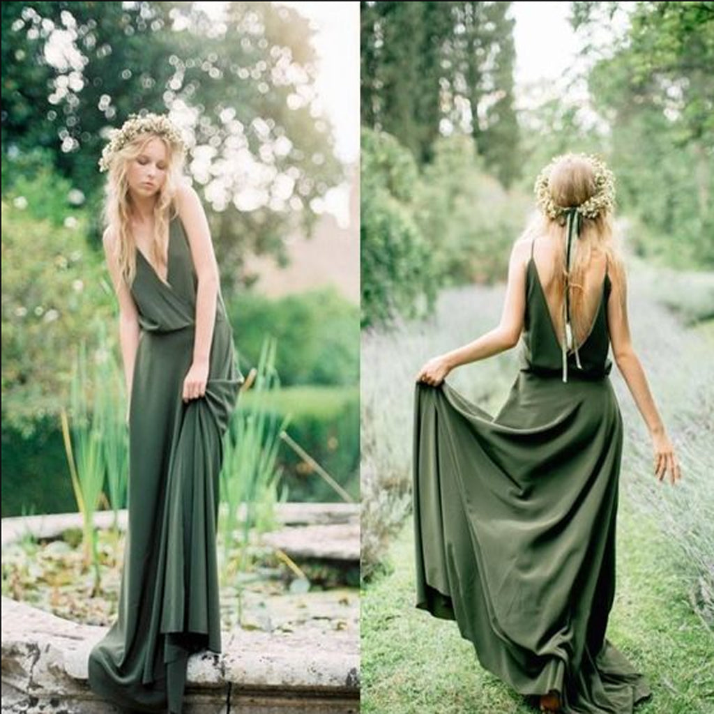 Cheap Green Chiffon Country Spaghetti Backless Long Bridesmaid Dresses,Wedding Party Gowns,WGY0211