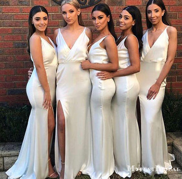 Simple Sexy Deep V-neck Elactic Silk Side Slit Long Cheap Bridesmaid Dresses, BDS0062
