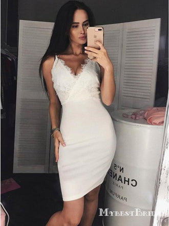 Elegant V-Neck White Satin Party Homecoming Dresses with Lace, TYP0028