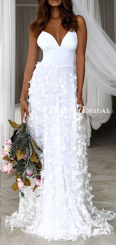 Gergouse Spaghetti Strap Sleeveless White Lace A-line Long Wedding Dresses, TYP0131