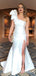 Charming One Shoulder White Satin Mermaid Side Slit Long Cheap Formal Evening Prom Dresses, PDS0065