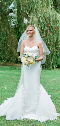 Simple Sweetheart Long Cheap Satin Wedding Dresses With Applique, TYP0016