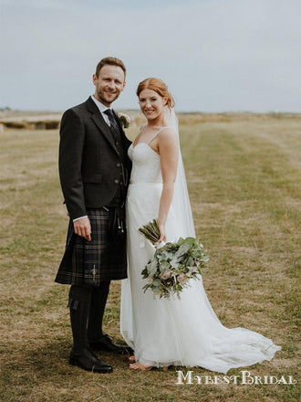 Elegant Spaghetti Strap Long Cheap Tulle Wedding Dresses With Beaded, TYP0018