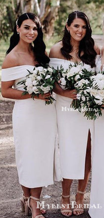 Off-The-Shoulder Charming Off-White Double FDY Tea-Length Cheap Long Bridesmaid Dresses, BDS0058
