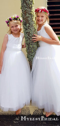 Popular Round Neckline White Tulle Long Cheap Flower Girl Dresses, FGS0004