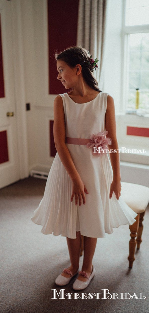 Charming Beteau White Satin A-line Long Cheap Flower Girl Dresses, FGS0009