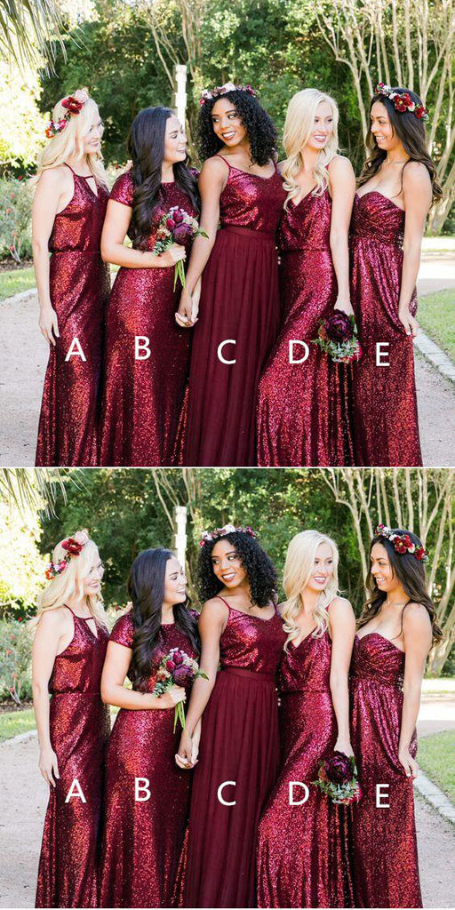 Unique Custom Mismatched Dark Red Sequin Long Affordable Bridesmaid Dresses,Bridesmaid Gown,WGY0166