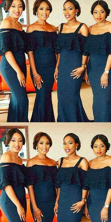 Simple Jersey Navy Mermaid Spaghetti Straps Long Bridesmaid Dresses,Wedding Party Gowns,WGY0214