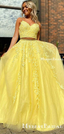 V-neck Two Pieces Backless Beaded Yellow Lace Long A-line Cheap Formal Evening Prom Dresses, PDS0058