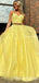 V-neck Two Pieces Backless Beaded Yellow Lace Long A-line Cheap Formal Evening Prom Dresses, PDS0058