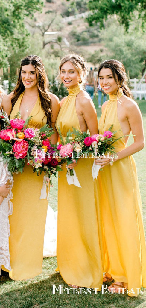 Mismatched Yellow Elastic Silk A-line Long Cheap Bridesmaid Dresses, BDS0086