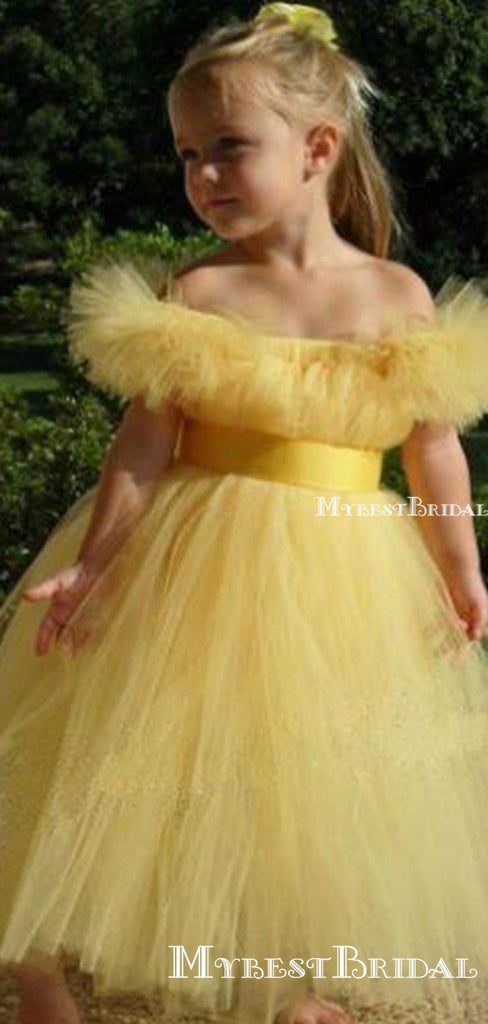 Lovely Off-The-Shoulder Yellow Tulle A-line Long Cheap Flower Girl Dresses, FGS0016
