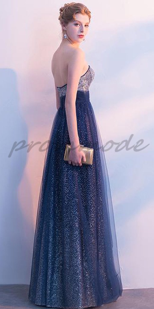 Navy Blue Tulle Strapless Long Shinny Sequin Evening Gowns,Prom Dresses,Party Dresses,PDY0347