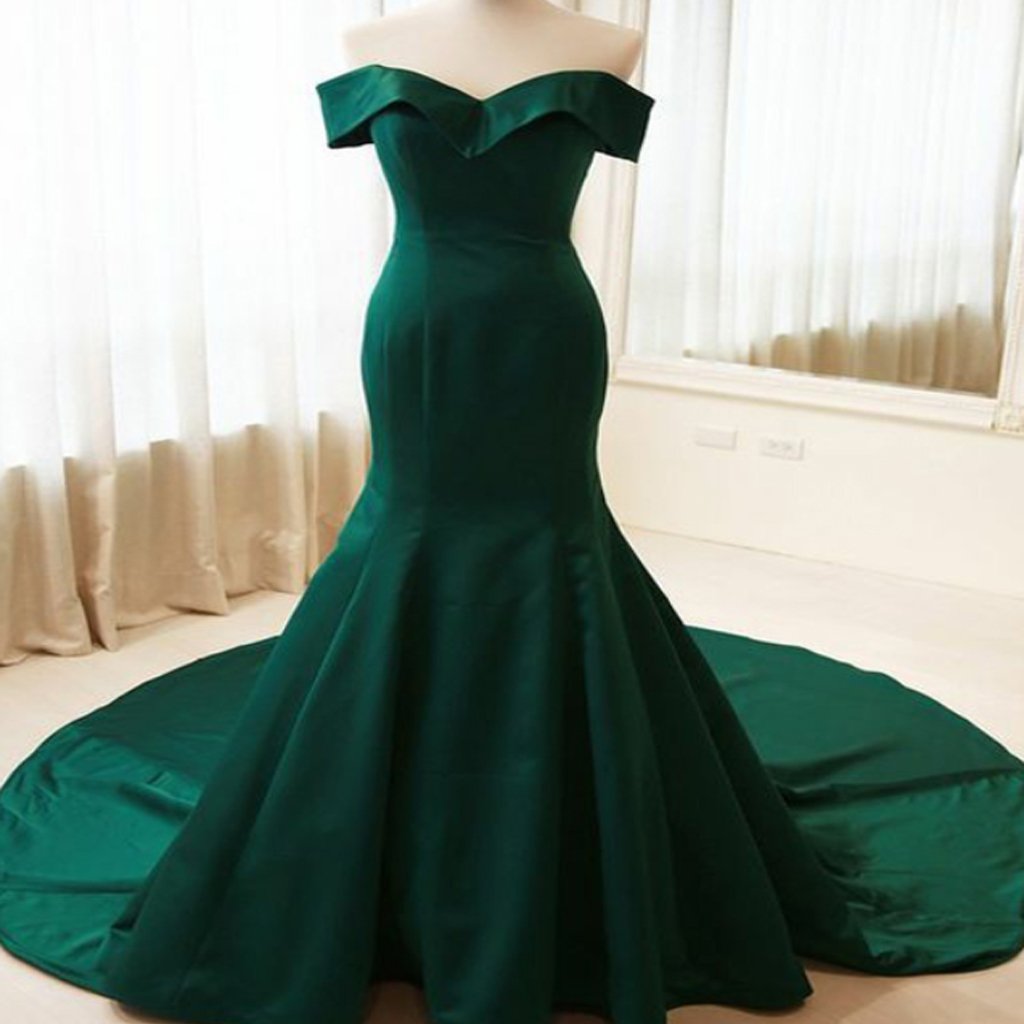 Simple Mermaid Off Shoulder Long Dark Green Satin Formal/Evening Dress With Sweep Train,PDY0202