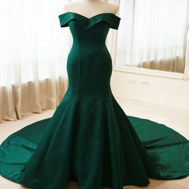 Simple Mermaid Off Shoulder Long Dark Green Satin Formal/Evening Dress With Sweep Train,PDY0202