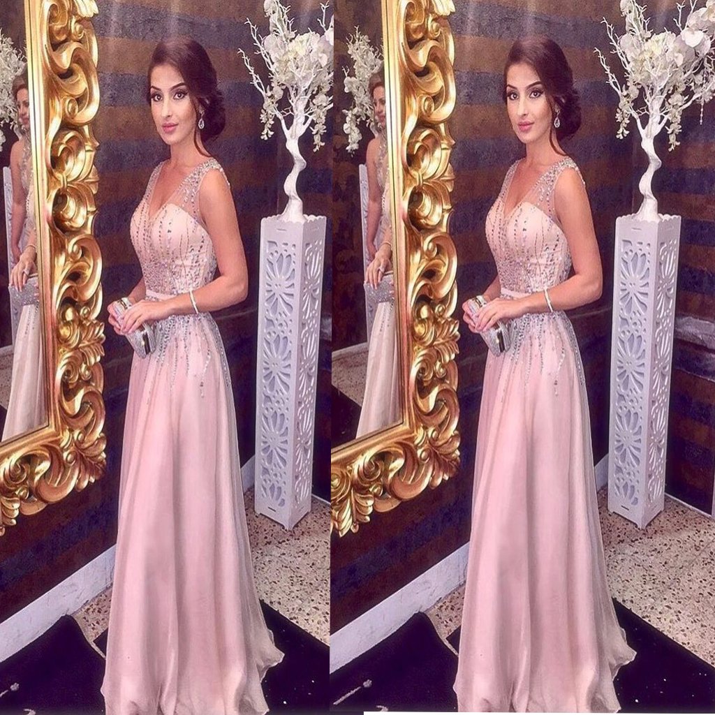 Pink Sparkly Beading V neck A Line Prom Dress,Sleeveless Long Formal Party Dress ,Evening Party Dresses,PDY0262