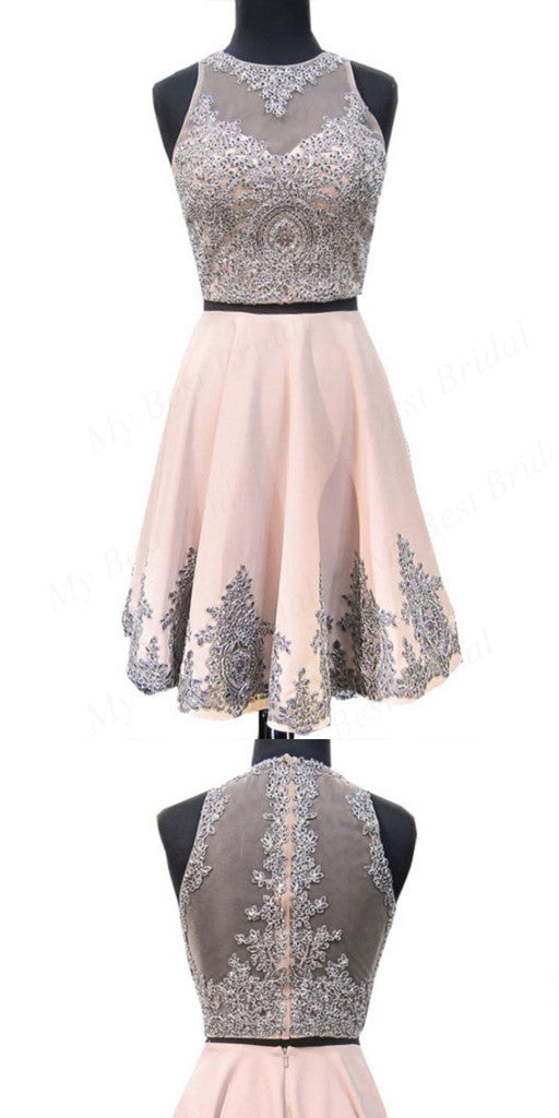 Shinning Two Piece Pink Beaded Homecoming Dresses With Lace Applique,Short Prom Dresses,BDY0168