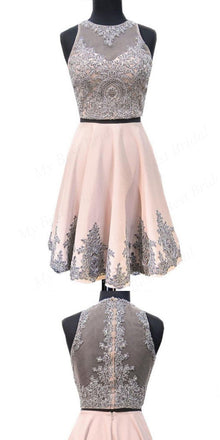 Shinning Two Piece Pink Beaded Homecoming Dresses With Lace Applique,Short Prom Dresses,BDY0168